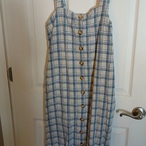 Blue Plaid Button-Front Midi Dress